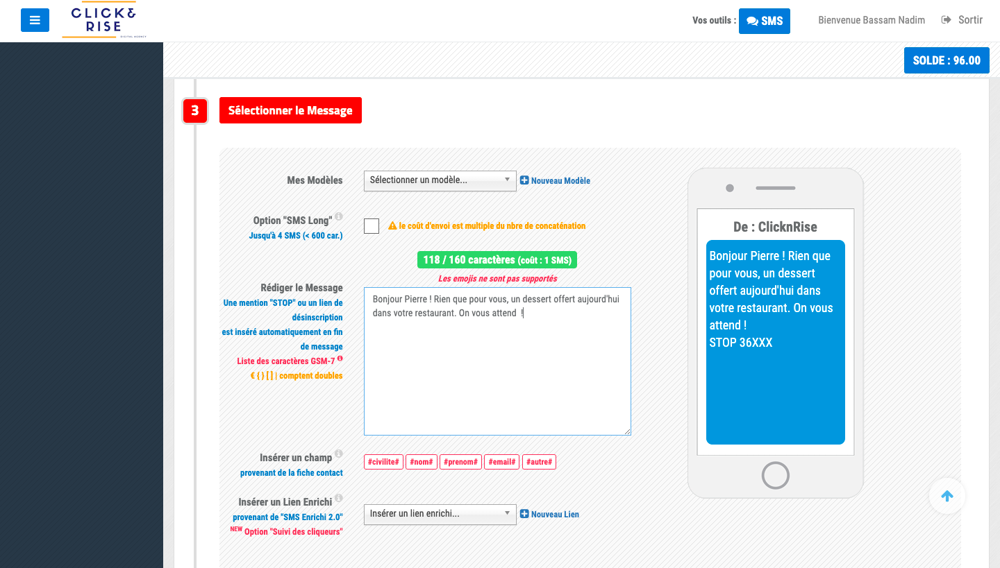 clicknrise logiciel envoi sms